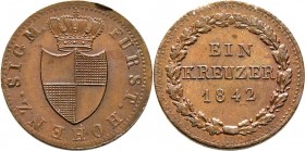 Altdeutsche Münzen und Medaillen
Hohenzollern-Sigmaringen. Karl 1831-1848. 
Cu-Kreuzer 1842. AKS 17, J. 8, Bahrf. 123.
Prachtexemplar, kleiner Stem...