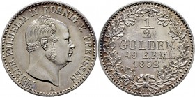 Altdeutsche Münzen und Medaillen
Hohenzollern-Sigmaringen. unter Preußen ab 1849. 
1/2 Gulden 1852 A. AKS 21, J. 22, Bahrf. 147.
Prachtexemplar, wi...