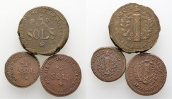 Altdeutsche Münzen und Medaillen
Mainz, Stadt. . 
Lot (3 Stücke): Kupfernes Notgeld 1793 zu 5 Sols, 2 Sols und 1 Sol. Prägungen des französischen Ge...