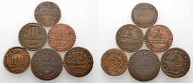 Altdeutsche Münzen und Medaillen
Münster, Domkapitel. . 
Lot (6 Stücke): Kupfermünzen zu 6 Pfennig 1762, 4 Pfennig 1692 und 1790, 3 Pfennig 1753 und...
