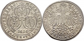 Altdeutsche Münzen und Medaillen
Nürnberg, Stadt. . 
Taler 1616. Drei Wappen in verzierten Kartuschen / Gekrönter Doppeladler sowie Titulatur Kaiser...