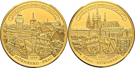 Altdeutsche Münzen und Medaillen
Nürnberg, Stadt. . 
Goldmedaille 1990 unsigniert, auf die Städtepartnerschaft mit der tschechischen Hauptstadt Prag...