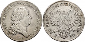 Altdeutsche Münzen und Medaillen
Pfalz, Kurlinie. Karl Theodor 1742-1799. 
1/2 Konventionstaler 1792 -Mannheim-. Stempel von A. Schäffer. Auf das Vi...