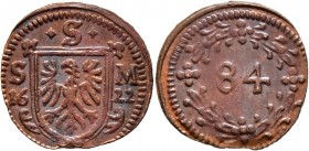 Altdeutsche Münzen und Medaillen
Schweinfurt, Stadt. . 
Cu-Kipper-Körtling (1/84 Taler) 1622. Adlerschild zwischen S-M und der geteilten Jahreszahl,...