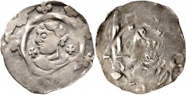 Altdeutsche Münzen und Medaillen
Süddeutschland und angrenzende Gebiete. . 
Pfennig (nach fränkischem Schlag) um 1210. Brustbild eines Weltlichen (o...