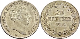 Altdeutsche Münzen und Medaillen
Württemberg. Wilhelm I. 1816-1864. 
20 Kreuzer 1818. Lorbeerkranz auf Revers oben offen. KR 54, AKS 88, J. 35.
vor...