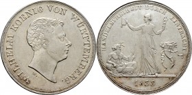 Altdeutsche Münzen und Medaillen
Württemberg. Wilhelm I. 1816-1864. 
Kronentaler 1833. Auf die Handelsfreiheit. Mit Punkt nach WÜRTTEMBERG. KR 66.2,...