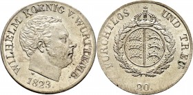 Altdeutsche Münzen und Medaillen
Württemberg. Wilhelm I. 1816-1864. 
20 Kreuzer 1823. KR 76, AKS 89, J. 46.
seltenes Prachtexemplar, winzige Randju...