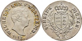 Altdeutsche Münzen und Medaillen
Württemberg. Wilhelm I. 1816-1864. 
3 Kreuzer 1832. KR 82.8, AKS 104, J. 51.
Prachtexemplar, Stempelglanz
