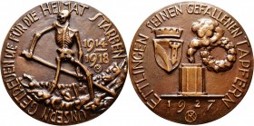 Thematische Medaillen
Kiefer, Oskar Alexander (1874-1938). . 
Bronzegussmedaille 1927. Auf die Kriegstoten der Gemeinde Ettlingen im 1. Weltkrieg 19...