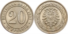 Deutsche Münzen und Medaillen ab 1871
Kleinmünzen. . 
20 Pfennig 1887 F. J. 6.
fast Stempelglanz