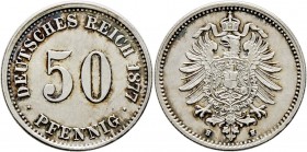 Deutsche Münzen und Medaillen ab 1871
Kleinmünzen. . 
50 Pfennig 1877 H. J. 7.
selten, fast vorzüglich