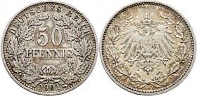 Deutsche Münzen und Medaillen ab 1871
Kleinmünzen. . 
50 Pfennig 1901 A. J. 15.
selten, sehr schön-vorzüglich
