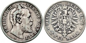 Deutsche Münzen und Medaillen ab 1871
Silbermünzen des Kaiserreiches. ANHALT. Friedrich I. 1871-1904. 
2 Mark 1876 A. J. 19.
schön-sehr schön