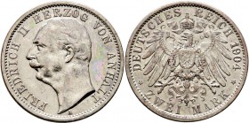 Deutsche Münzen und Medaillen ab 1871
Silbermünzen des Kaiserreiches. ANHALT. Friedrich II. 1904-1918. 
2 Mark 1904 A. Regierungsantritt. J. 22.
kl...