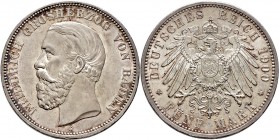 Deutsche Münzen und Medaillen ab 1871
Silbermünzen des Kaiserreiches. BADEN. Friedrich I. 1852-1907. 
5 Mark 1900 G. J. 29.
sehr selten in dieser E...