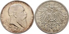 Deutsche Münzen und Medaillen ab 1871
Silbermünzen des Kaiserreiches. BADEN. Friedrich I. 1852-1907. 
5 Mark 1902. Regierungsjubiläum. J. 31.
winzi...