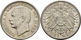 Deutsche Münzen und Medaillen ab 1871
Silbermünzen des Kaiserreiches. BADEN. Friedrich II. 1907-1918. 
2 Mark 1913 G. J. 38.
kleine Kratzer, sehr s...