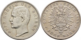 Deutsche Münzen und Medaillen ab 1871
Silbermünzen des Kaiserreiches. BAYERN. Otto 1888-1913. 
5 Mark 1888 D. J. 44.
kleine Kratzer, sehr schön