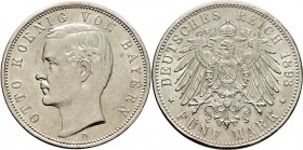 Deutsche Münzen und Medaillen ab 1871
Silbermünzen des Kaiserreiches. BAYERN. Otto 1888-1913. 
5 Mark 1893 D. J. 46.
minimale Randunebenheiten, vor...
