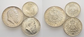 Deutsche Münzen und Medaillen ab 1871
Silbermünzen des Kaiserreiches. BAYERN. Luitpold, Prinzregent 1911. 
Lot (3 Stücke): 2, 3 und 5 Mark 1911 D. 9...