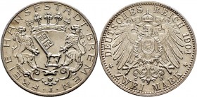 Deutsche Münzen und Medaillen ab 1871
Silbermünzen des Kaiserreiches. BREMEN. . 
2 Mark 1904 J. J. 59.
vorzüglich-Stempelglanz