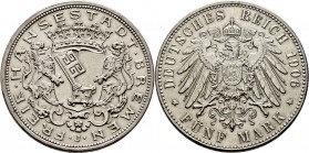 Deutsche Münzen und Medaillen ab 1871
Silbermünzen des Kaiserreiches. BREMEN. . 
5 Mark 1906 J. J. 60.
vorzüglich