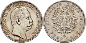 Deutsche Münzen und Medaillen ab 1871
Silbermünzen des Kaiserreiches. HESSEN. Ludwig III. 1848-1877. 
5 Mark 1875 H. J. 67.
überdurchschnittliche E...