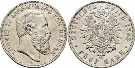 Deutsche Münzen und Medaillen ab 1871
Silbermünzen des Kaiserreiches. HESSEN. Ludwig IV. 1877-1892. 
5 Mark 1888 A. J. 69.
selten, sehr schön