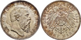 Deutsche Münzen und Medaillen ab 1871
Silbermünzen des Kaiserreiches. HESSEN. Ludwig IV. 1877-1892. 
5 Mark 1891 A. J. 71.
sehr selten in dieser Er...