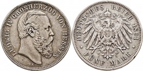 Deutsche Münzen und Medaillen ab 1871
Silbermünzen des Kaiserreiches. HESSEN. Ludwig IV. 1877-1892. 
5 Mark 1891 A. J. 71.
leichte Randfehler, schö...