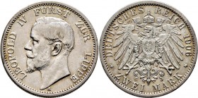 Deutsche Münzen und Medaillen ab 1871
Silbermünzen des Kaiserreiches. LIPPE. Leopold IV. 1905-1918. 
2 Mark 1906 A. J. 78.
kleine Randfehler, sehr ...