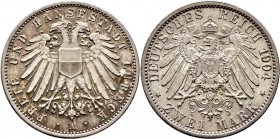 Deutsche Münzen und Medaillen ab 1871
Silbermünzen des Kaiserreiches. LÜBECK. . 
2 Mark 1904 A. J. 81.
feine Patina, vorzüglich-prägefrisch