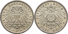 Deutsche Münzen und Medaillen ab 1871
Silbermünzen des Kaiserreiches. LÜBECK. . 
3 Mark 1912 A. J. 82.
winzige Kratzer, gutes vorzüglich