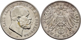 Deutsche Münzen und Medaillen ab 1871
Silbermünzen des Kaiserreiches. OLDENBURG. Nicolaus Friedrich Peter 1853-1900. 
2 Mark 1891 A. J. 93.
minimal...