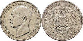 Deutsche Münzen und Medaillen ab 1871
Silbermünzen des Kaiserreiches. OLDENBURG. Friedrich August 1900-1918. 
5 Mark 1900 A. J. 95.
Randfehler, fas...