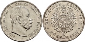 Deutsche Münzen und Medaillen ab 1871
Silbermünzen des Kaiserreiches. PREUSSEN. Wilhelm I. 1861-1888. 
5 Mark 1874 A. J. 97.
minimale Randfehler un...