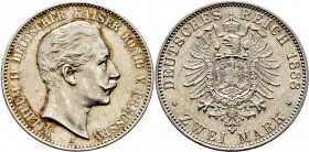 Deutsche Münzen und Medaillen ab 1871
Silbermünzen des Kaiserreiches. PREUSSEN. Wilhelm II. 1888-1918. 
2 Mark 1888 A. J. 100.
leichte Tönung, winz...