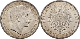 Deutsche Münzen und Medaillen ab 1871
Silbermünzen des Kaiserreiches. PREUSSEN. Wilhelm II. 1888-1918. 
5 Mark 1888 A. J. 101.
selten, vorzüglich-S...