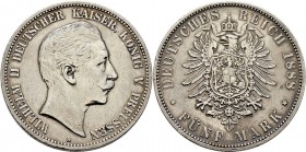 Deutsche Münzen und Medaillen ab 1871
Silbermünzen des Kaiserreiches. PREUSSEN. Wilhelm II. 1888-1918. 
5 Mark 1888 A. J. 101.
minimale Kratzer, se...