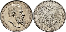 Deutsche Münzen und Medaillen ab 1871
Silbermünzen des Kaiserreiches. REUSS-ÄLTERE LINIE. Heinrich XXII. 1867-1902. 
2 Mark 1899 A. J. 118.
minimal...