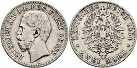 Deutsche Münzen und Medaillen ab 1871
Silbermünzen des Kaiserreiches. REUSS-JÜNGERE LINIE. Heinrich XIV. 1867-1913. 
2 Mark 1884 A. J. 120.
minimal...