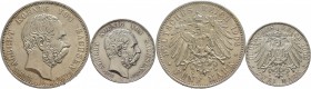 Deutsche Münzen und Medaillen ab 1871
Silbermünzen des Kaiserreiches. SACHSEN. Albert 1873-1902. 
Lot (2 Stücke): 2 und 5 Mark 1902 E. Auf seinen To...