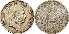 Deutsche Münzen und Medaillen ab 1871
Silbermünzen des Kaiserreiches. SACHSEN. Georg 1902-1904. 
5 Mark 1904 E. J. 130.
Prachtexemplar mit feiner P...