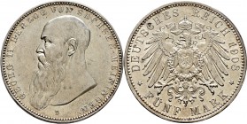 Deutsche Münzen und Medaillen ab 1871
Silbermünzen des Kaiserreiches. SACHSEN-MEININGEN. Georg II. 1866-1915. 
5 Mark 1908 D. Bart berührt Perlkreis...