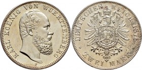 Deutsche Münzen und Medaillen ab 1871
Silbermünzen des Kaiserreiches. WÜRTTEMBERG. Karl 1864-1891. 
2 Mark 1876 F. J. 172.
sehr selten in dieser Er...