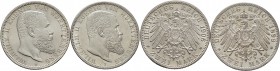 Deutsche Münzen und Medaillen ab 1871
Silbermünzen des Kaiserreiches. WÜRTTEMBERG. Wilhelm II. 1891-1918. 
Lot (2 Stücke): 2 Mark 1899 und 1906 F. J...