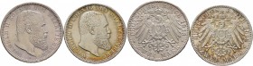 Deutsche Münzen und Medaillen ab 1871
Silbermünzen des Kaiserreiches. WÜRTTEMBERG. Wilhelm II. 1891-1918. 
Lot (2 Stücke): 2 Mark 1912 und 1913 F. J...