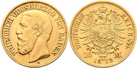 Deutsche Münzen und Medaillen ab 1871
Reichsgoldmünzen. BADEN. Friedrich I. 1852-1907. 
10 Mark 1872 G. J. 183.
Kratzer auf dem Revers, sehr schön...