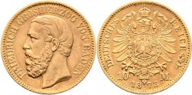 Deutsche Münzen und Medaillen ab 1871
Reichsgoldmünzen. BADEN. Friedrich I. 1852-1907. 
10 Mark 1873 G. J. 183.
sehr schön-vorzüglich